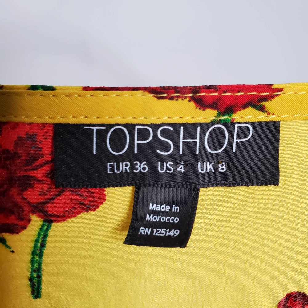 TOPSHOP • Yellow Red Floral Print Short Sleeve Cropped Blouse Sz 4 - Picture 7 of 8